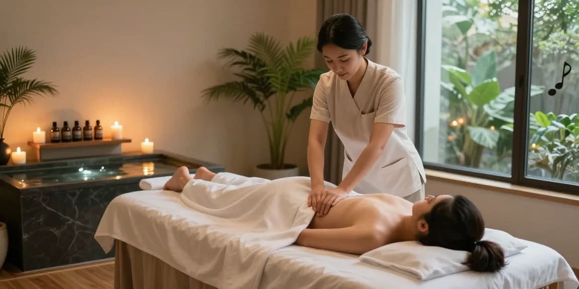 Relaxing spa therapy session featuring 동탄출장안마 in a tranquil environment with candles and plants.