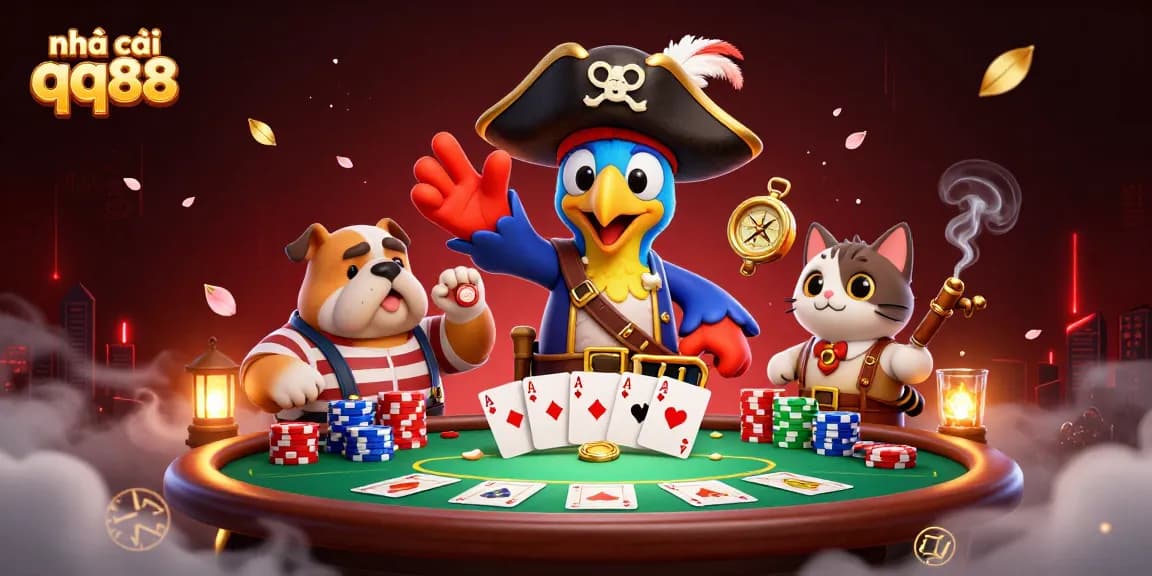 Engage with nhà cái qq88 through a vibrant 3D illustration showcasing a pirate captain and characters around a dynamic poker scene.