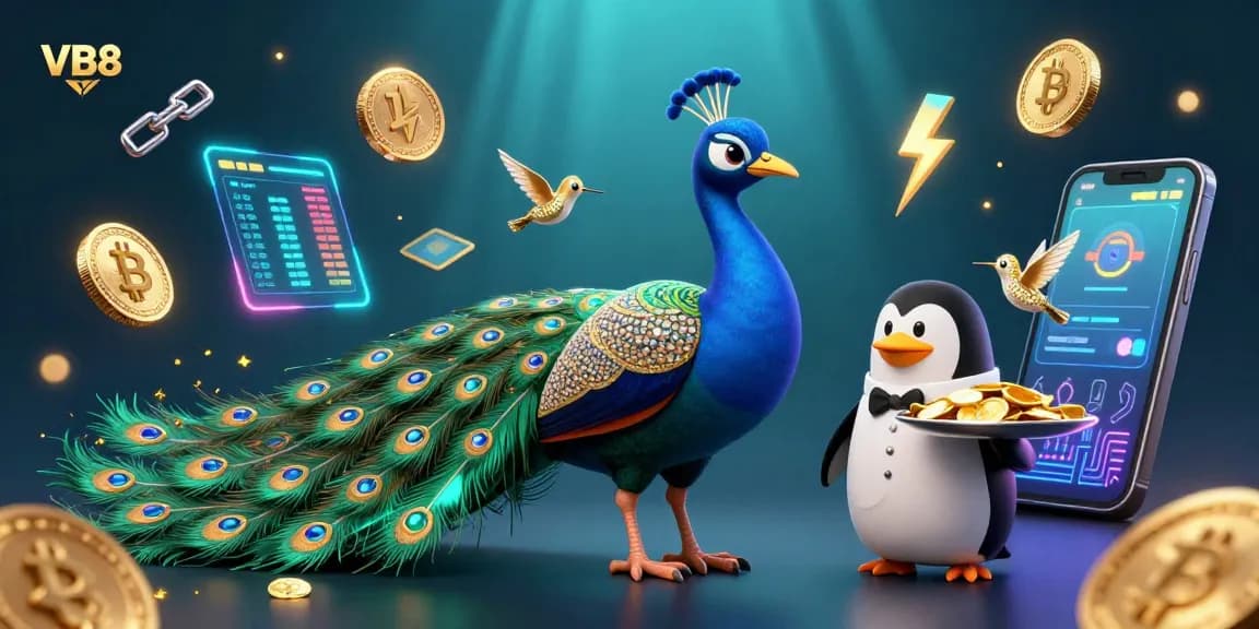 Experience the vibrant VB8 casino world with gem-feathered peacock and butler penguin, overflowing with digital treasures.