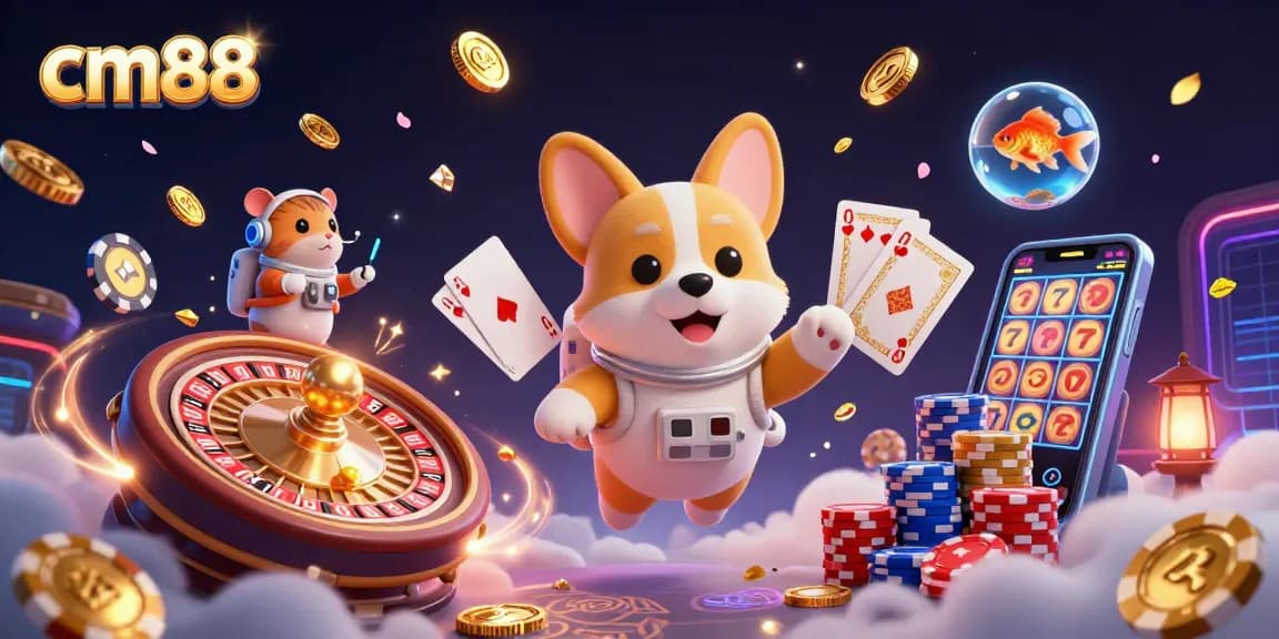 Experience cm88's exciting casino atmosphere with a floating corgi astronaut surrounded by casino games and treasures.