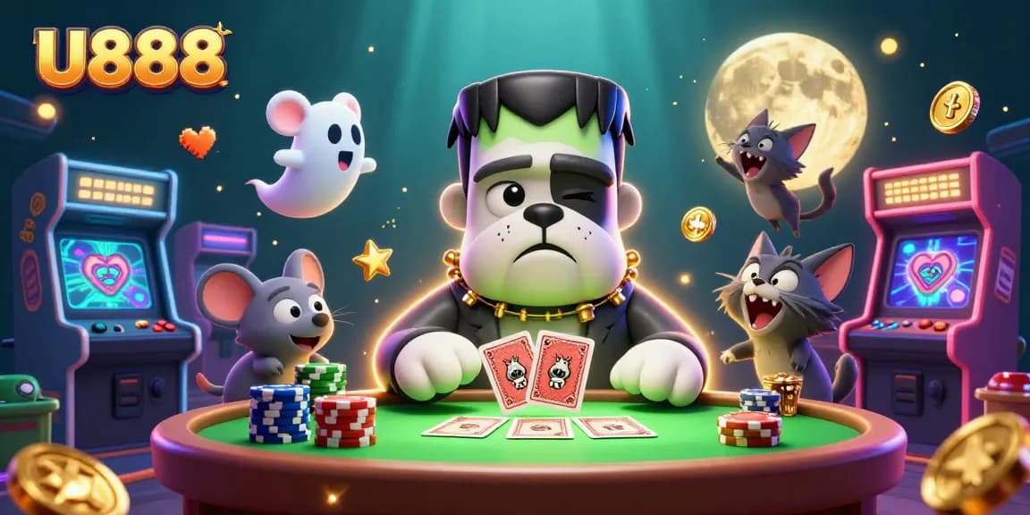 Deal cards with the U888 bulldog monster at a vibrant casino-themed table