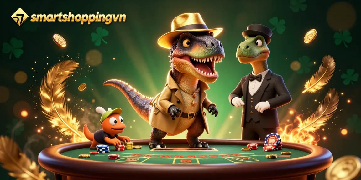 Smartshoppingvn showcases a thrilling blackjack showdown with a velociraptor counter, stegosaurus pit boss, and chip-stealing compy.