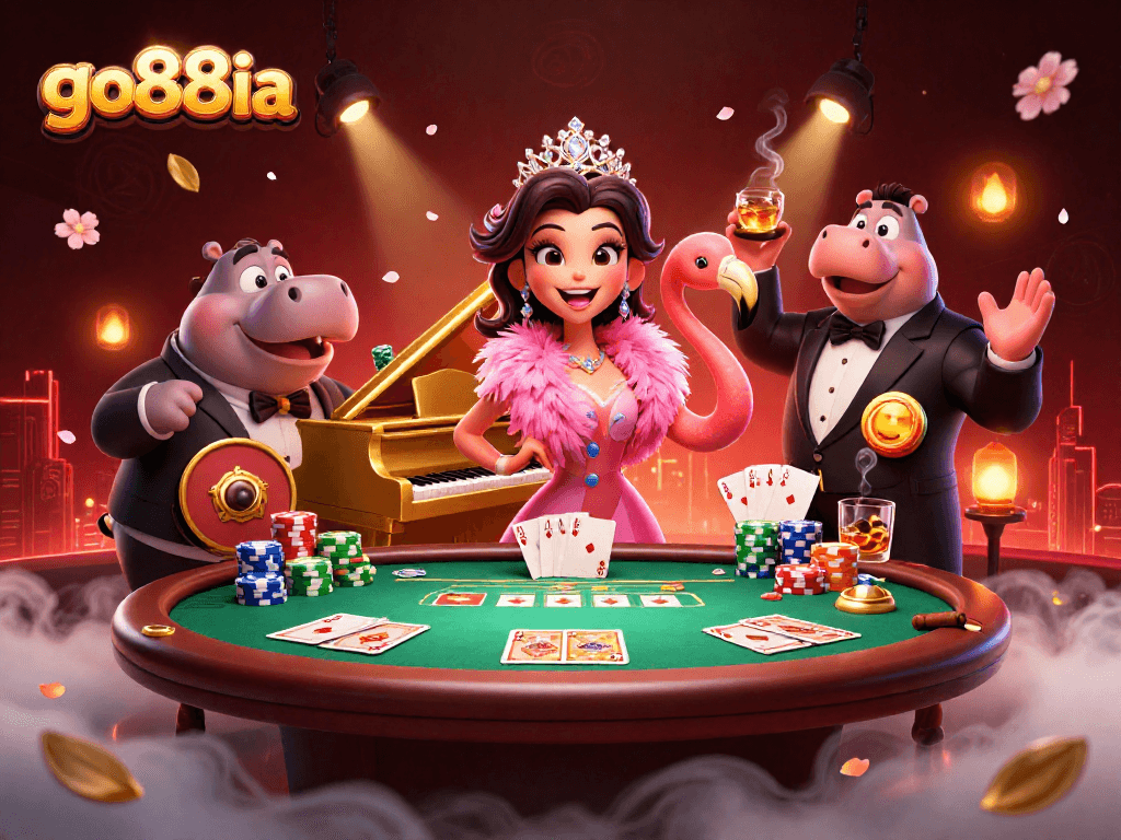 Experience the fun at go88ia casino with vibrant characters and thrilling game elements in this lively scene.