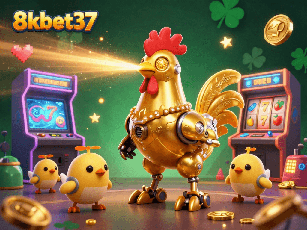 Engage with 8kbet37's vibrant casino world featuring golden rooster and arcade machines.