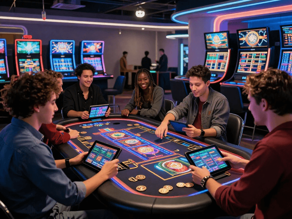 Exciting crypto casino scene with players engaged at a high-tech gaming table showcasing colorful digital slot machines and crypto coins.
