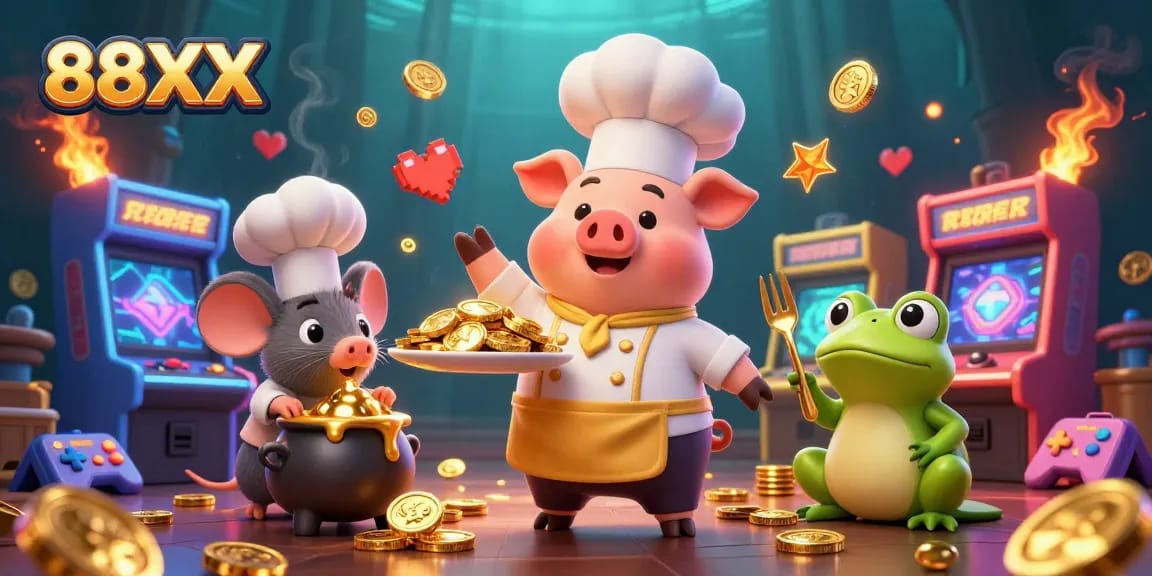 Experience the excitement at 88XX with a vibrant casino scene featuring gold coins and game elements.
