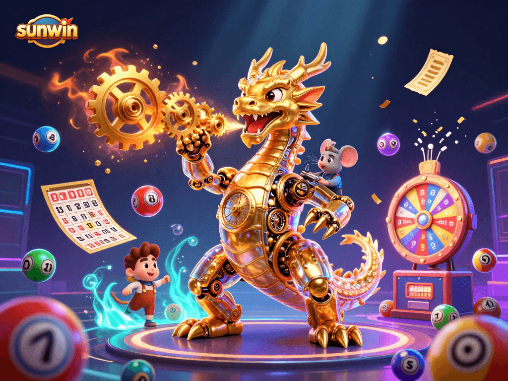 Play exciting games at Sunwin with a golden dragon and vibrant lottery elements in an engaging casino scene.
