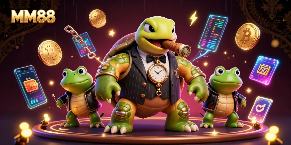 MM88 showcases a dynamic casino scene featuring a snapping turtle in a suit surrounded by crypto symbols.