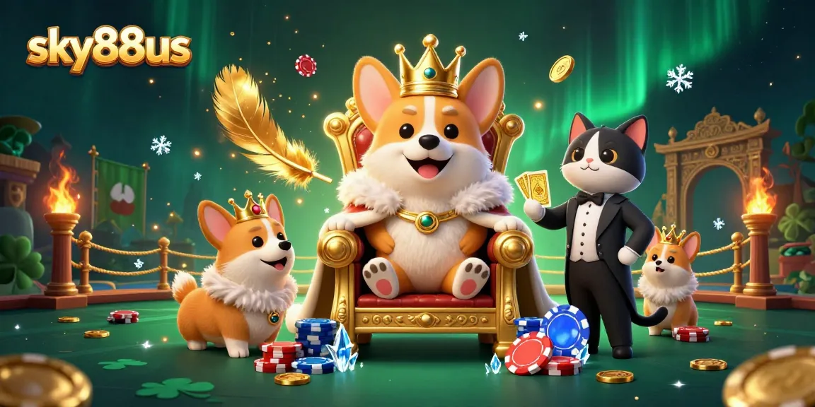 Engage in thrilling gameplay with sky88us, showcasing a royal corgi and cat butler in a vibrant casino setting.