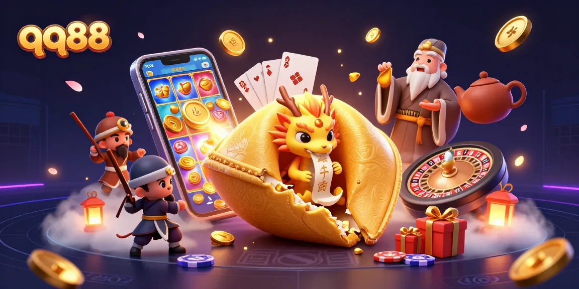 Play with qq88 and immerse in a vibrant 3D casino world filled with fortune cookies, slot games, and gold!
