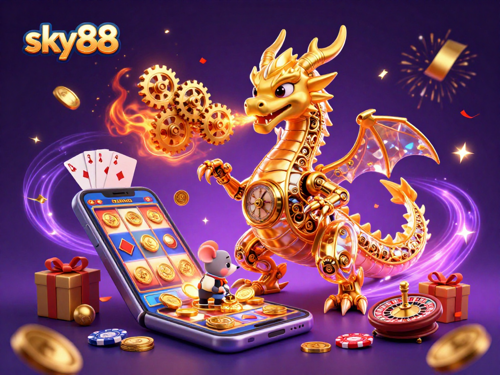 Experience thrilling wins at sky88 with an engaging 3D dragon and vibrant casino elements.