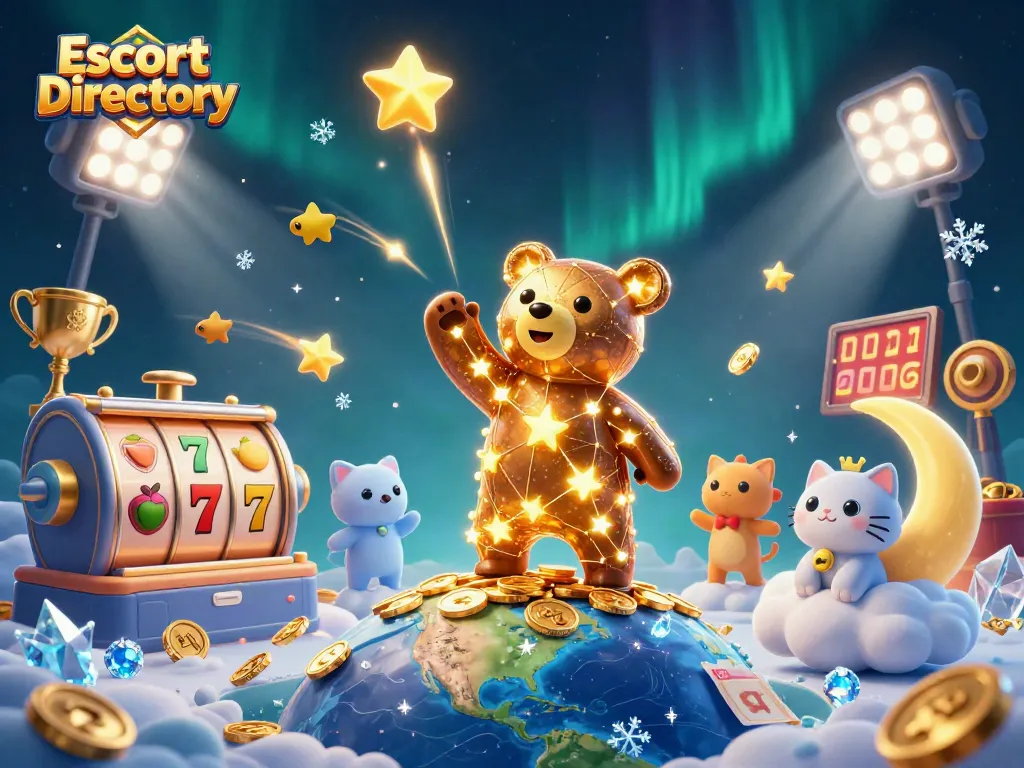 Engage with the Escort Directory showcasing a vibrant casino scene filled with slot machines and gold coins.