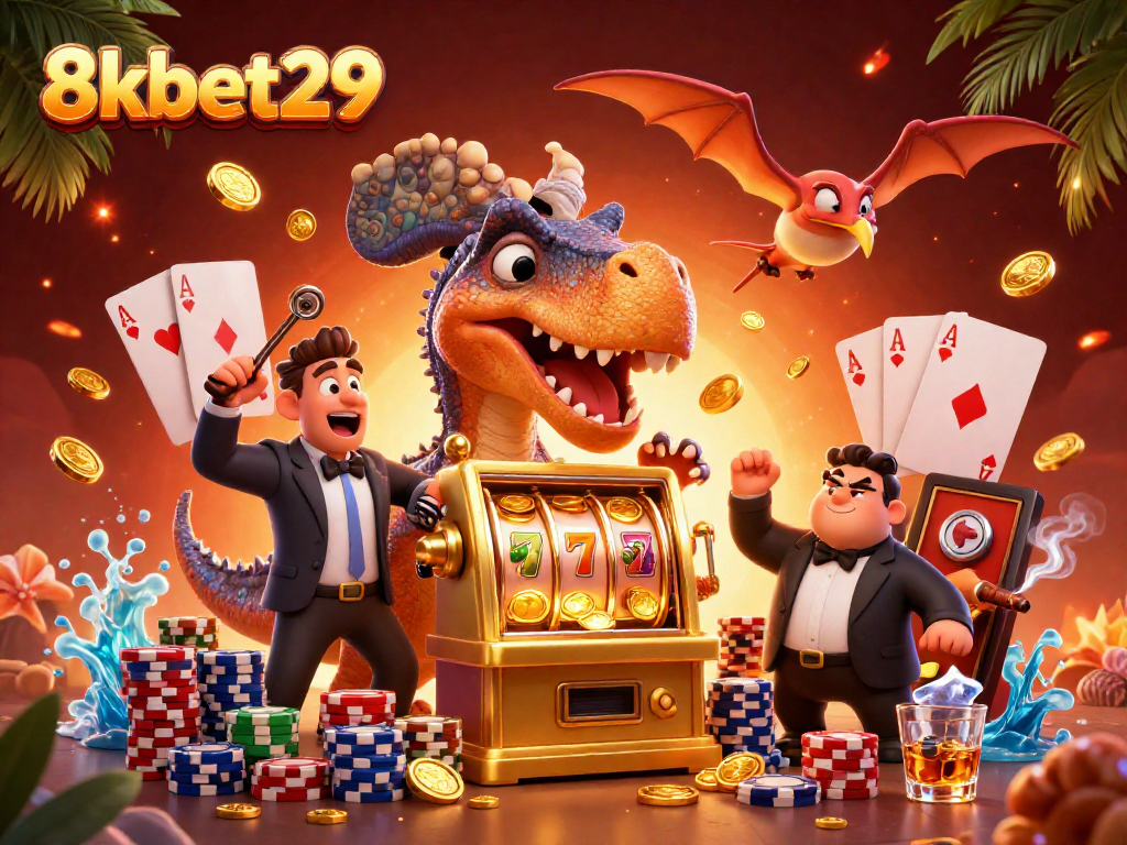 8kbet29 showcases a pachycephalosaurus hitting a slot machine for jackpot coins.