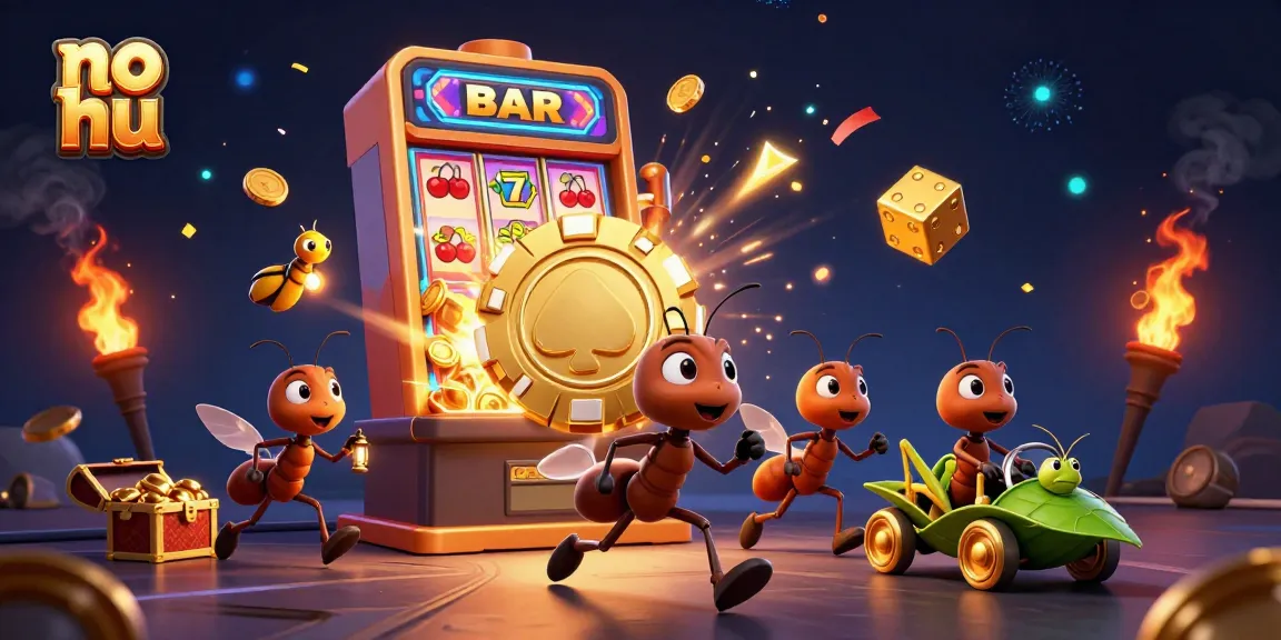 Experience thrilling no hu gameplay with a vibrant 3D cartoon heist featuring ants, a grasshopper driver, and a jackpot explosion.