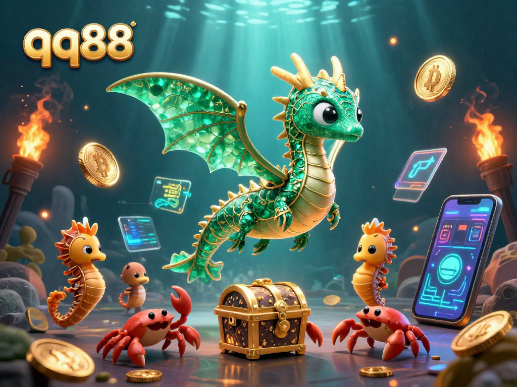 Engage with exciting gameplay at qq88 featuring a vibrant 3D illustration of a sea dragon amidst crypto elements.