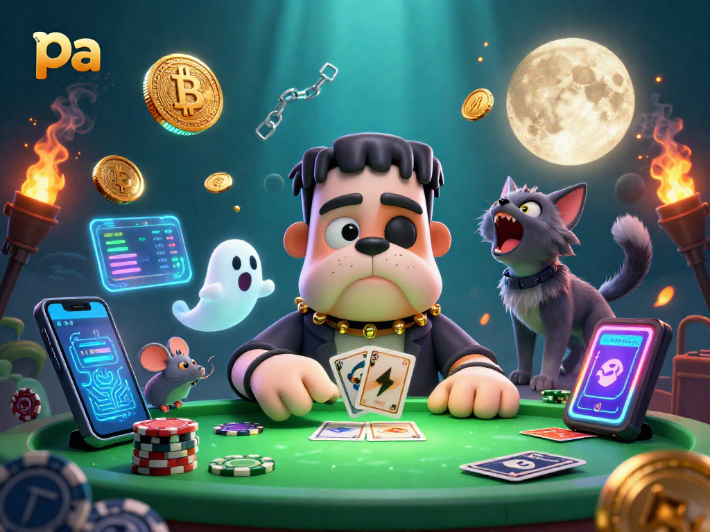 Engage in thrilling games at pa with a cartoon Frankenstein bulldog dealing cards.