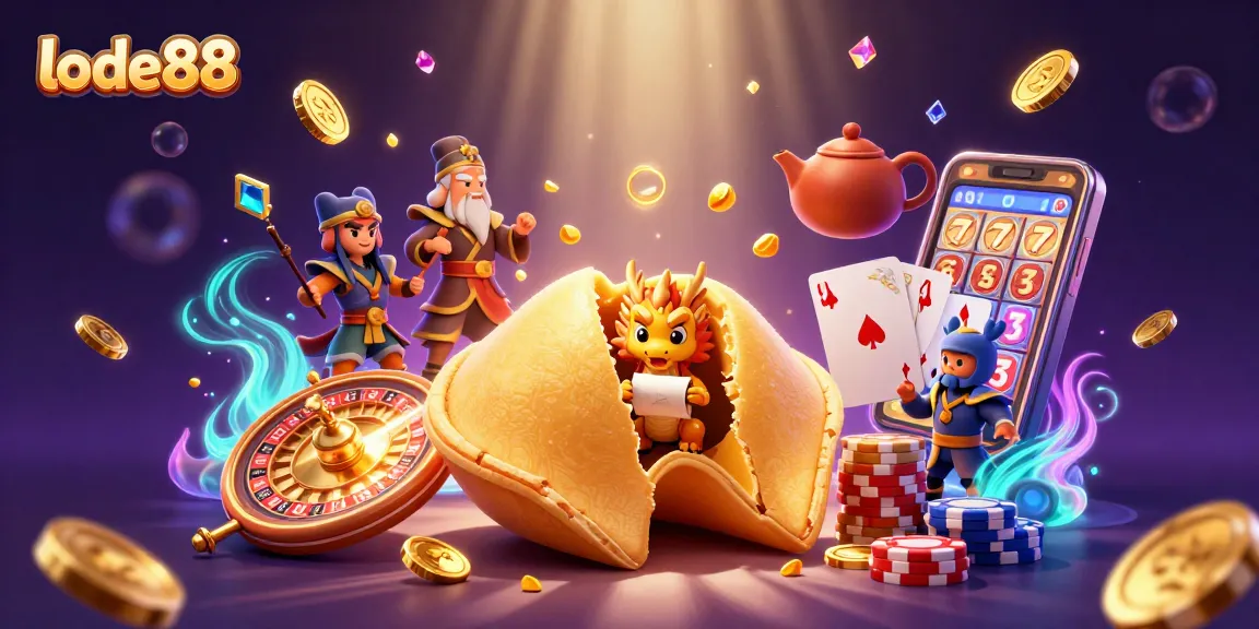 lode88 showcases an illustrated scene featuring a golden fortune cookie, wise dragon, and casino elements.