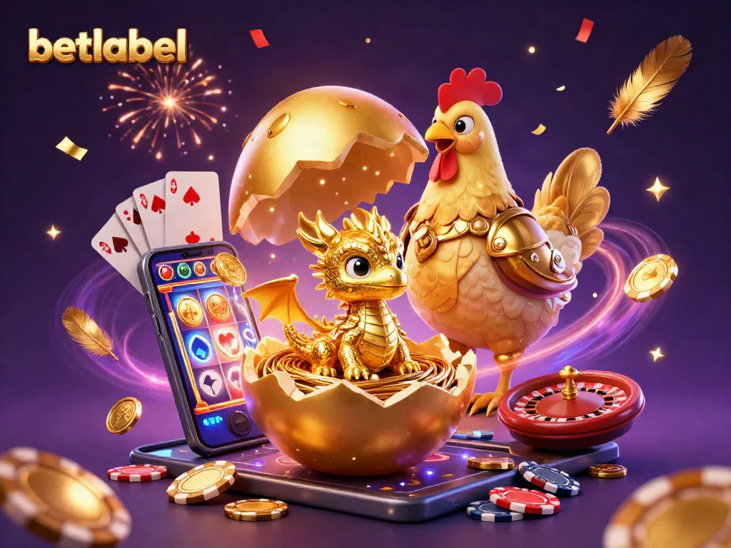 Engage in thrilling gaming at betlabel with a dazzling baby dragon and golden poker chips.