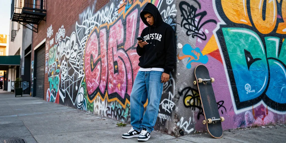 Felpa Trapstar indossata in un contesto urbano vivace con graffiti e skateboard.