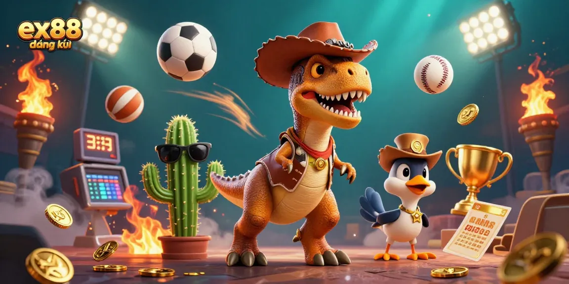 Experience exciting gaming with ex88 đăng ký in a vibrant 3D casino scene featuring playful characters and dynamic elements.