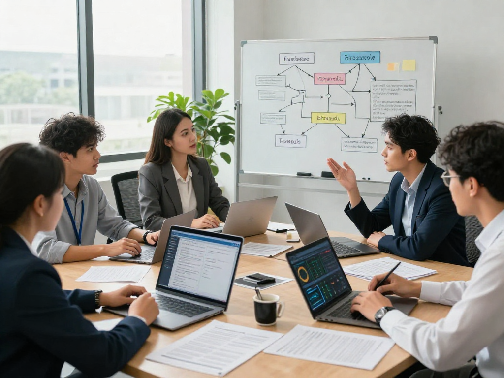 Document fraud detection team analyzing verification metrics in a modern office.