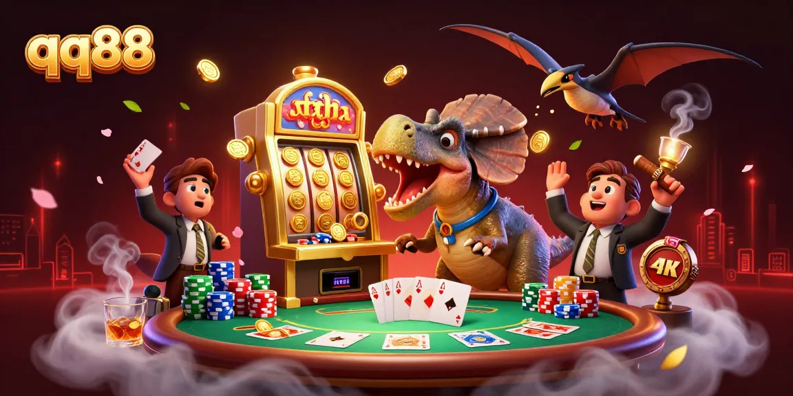 qq88 showcases a pachycephalosaurus jackpot scene with casino elements and vibrant characters.