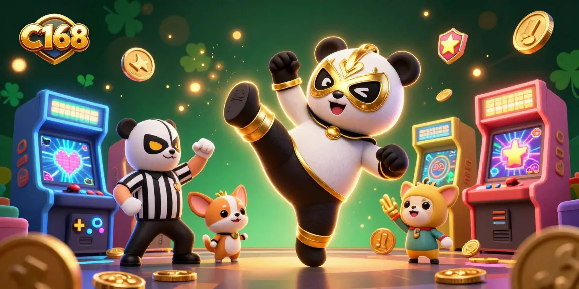 C168 engages players with a colorful 3D gaming scene featuring a wrestling panda in action.
