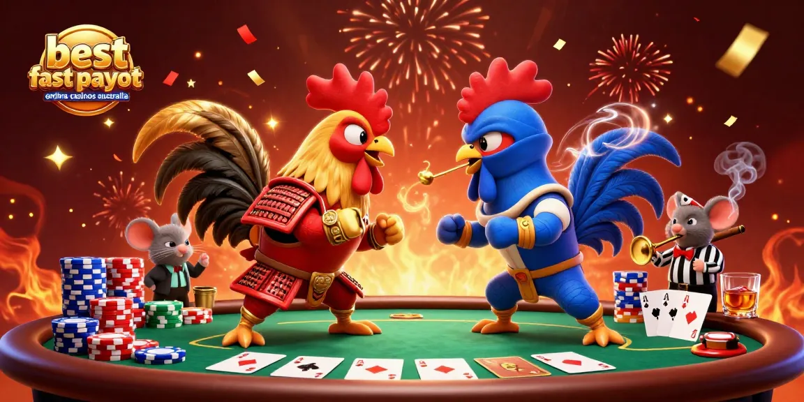 Engaging scene of twin roosters in samurai and ninja attire representing the best fast payout online casinos Australia.