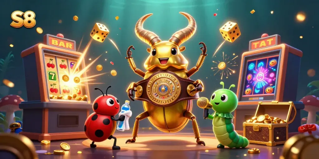 Experience thrilling S8 casino action with a giant stag beetle boxing in a colorful jackpot scene.