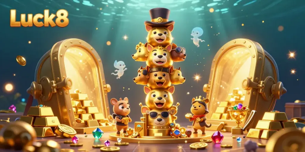 Engage in Luck8's thrilling casino experience with vibrant 3D totem and treasure elements.