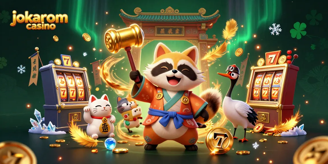 Experience thrilling gameplay at jokaroom casino with cheerful tanuki and fortune cats surrounded by vibrant casino elements.