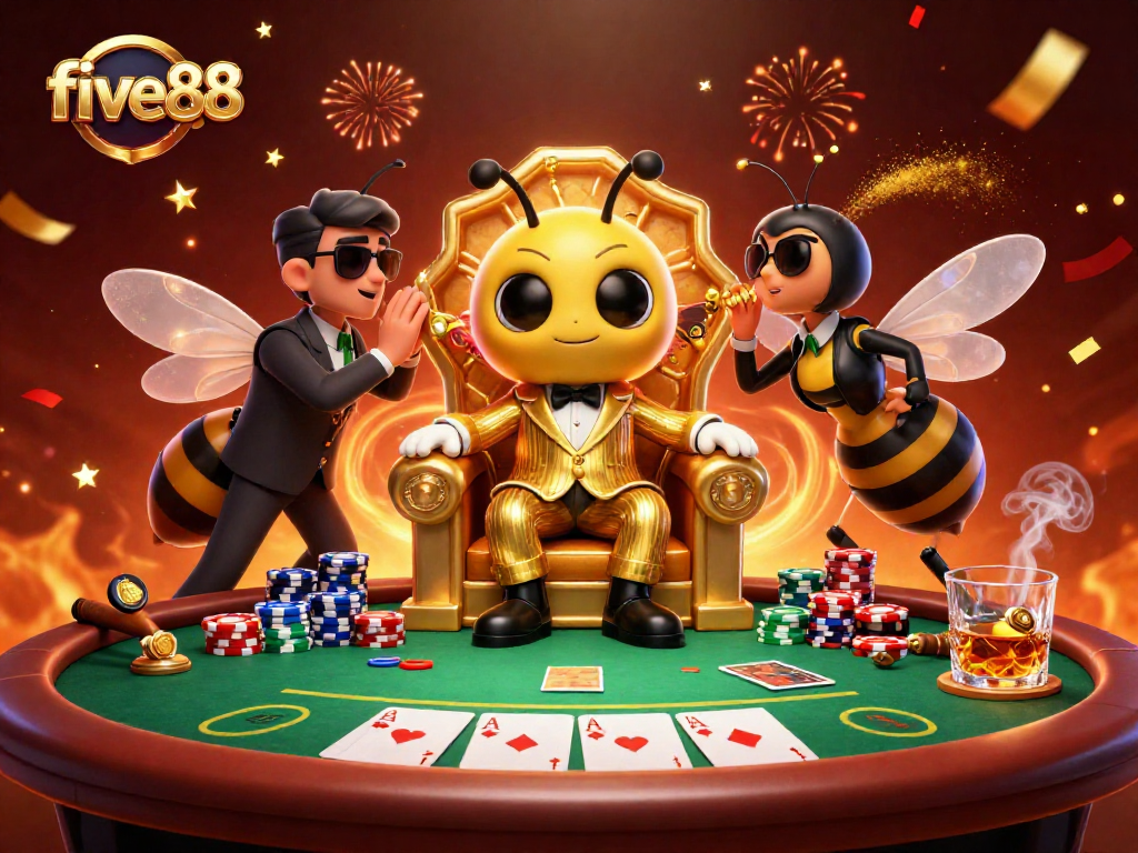 Experience the vibrant and thrilling world of five88 with dynamic poker action in a cartoon setting.