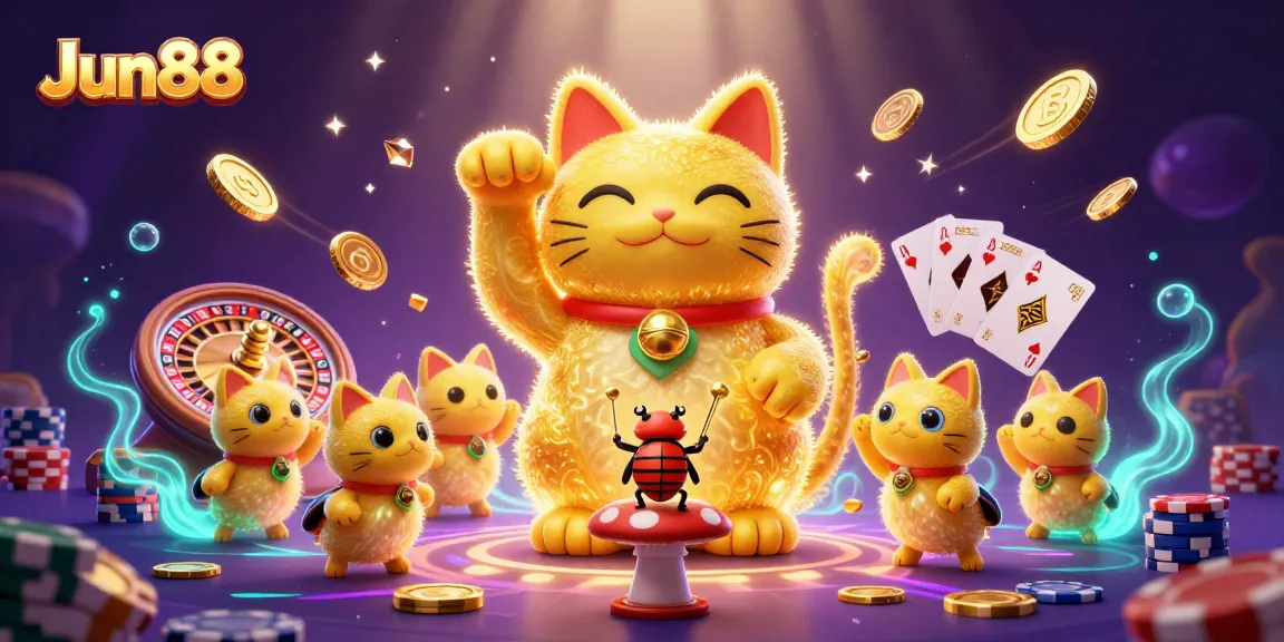 Experience thrilling gameplay with Jun88’s vibrant casino scene featuring golden lucky cat and dynamic symbols.