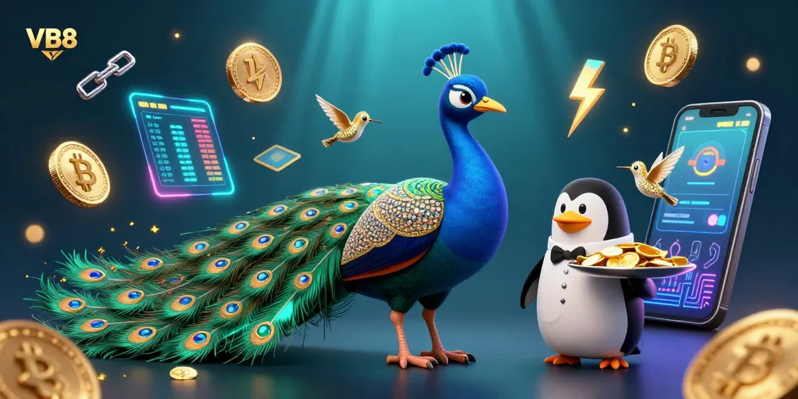 Experience the vibrant VB8 casino world with gem-feathered peacock and butler penguin, overflowing with digital treasures.