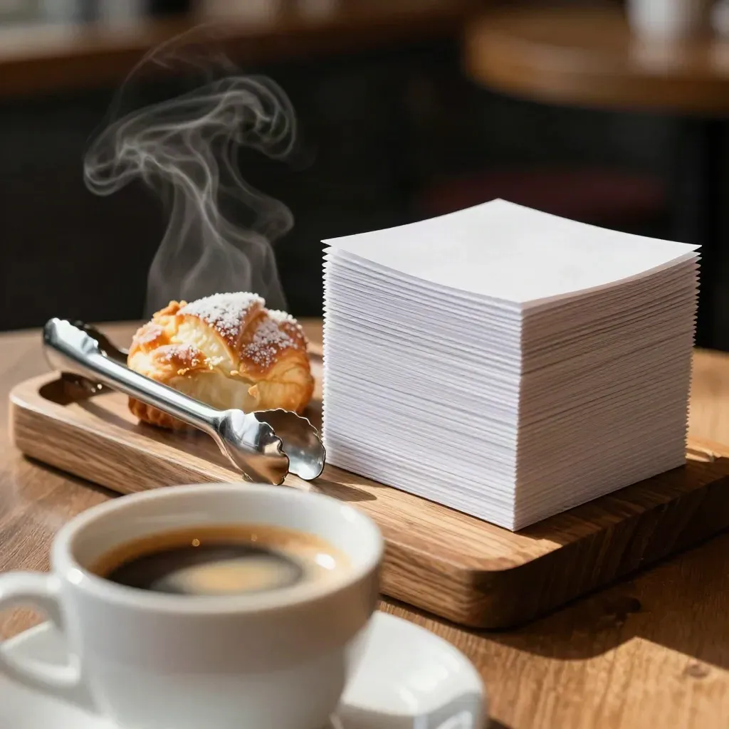 Espresso, tongs e menu sleeve in legno in un caffè, con vapore e luce calda.