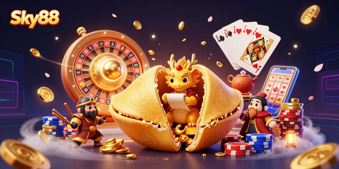Experience thrilling gameplay with Sky88's vibrant casino scene featuring fortune cookies and gold coins falling.