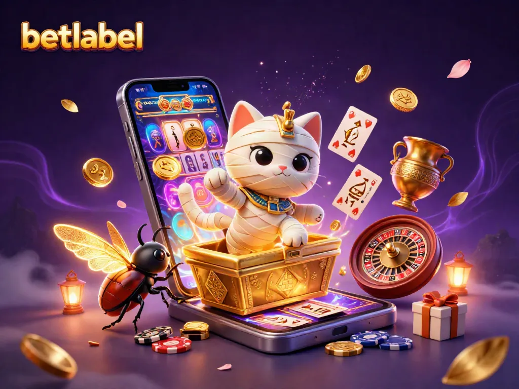 Engage with betlabel's thrilling gaming adventures featuring an animated mummy cat and scarab in a vibrant casino.