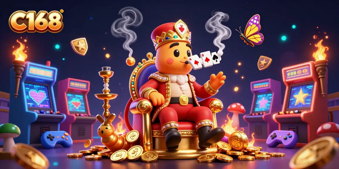 C168 offers an exciting 3D casino experience with a vibrant caterpillar hookah-master and glowing arcade elements.