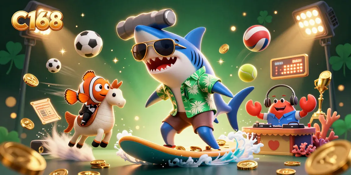 C168 showcases an energetic casino scene with a shark surfing on golden coins and a clownfish, enhancing excitement for players.