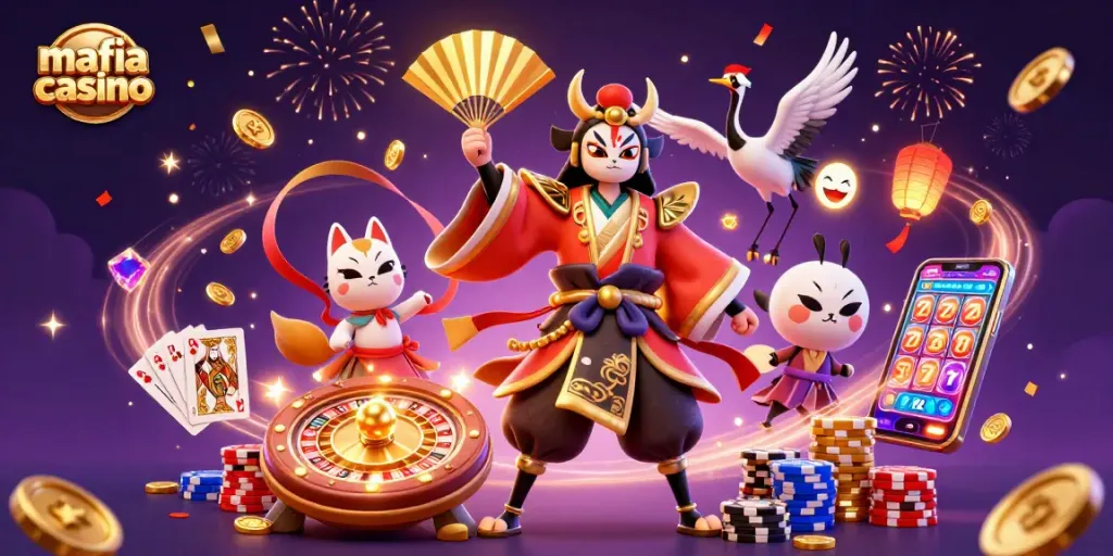 Mafia Casino features 3D cartoon characters amid dynamic gaming elements, celebrating wins with vibrant energy.