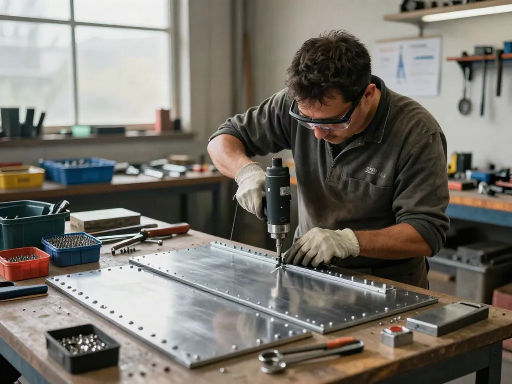 Artigiano utilizza rivetti in un laboratorio, strumenti e attrezzature di alta qualità visibili.