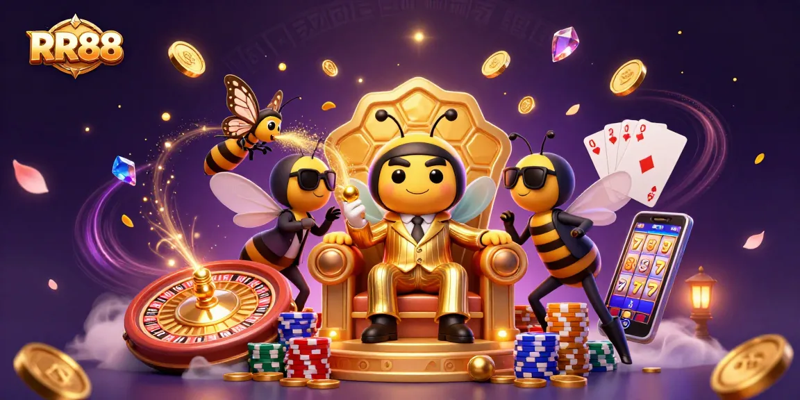 Win big at RR88 in a vibrant casino scene with a buzzing bee boss and dazzling game elements.