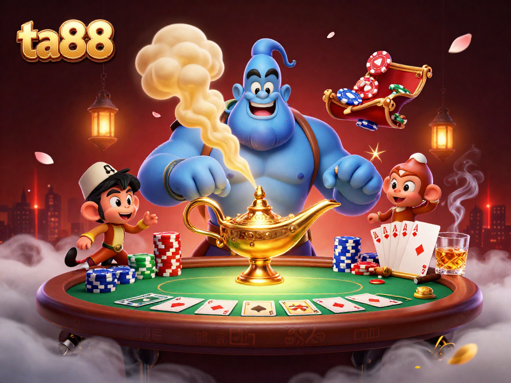 Engage with ta88 at a vibrant casino scene with a genie and animated characters amid poker action.