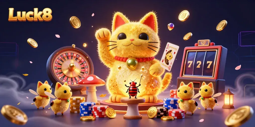 Experience the vibrant casino atmosphere with Luck8's golden lucky cat and dazzling game elements.