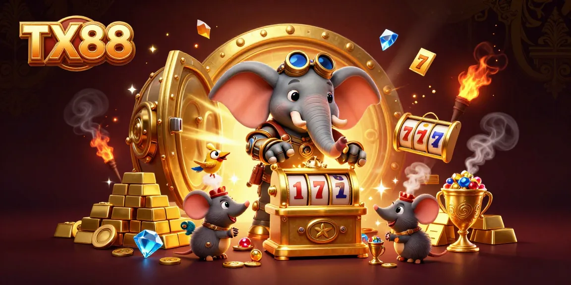 Experience the thrills of TX88 with steampunk charm and golden prizes in a vibrant casino scene.