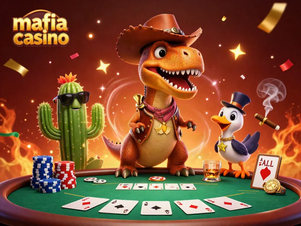 Experience intense action at mafia casino with cartoon characters around poker elements in vibrant colors.