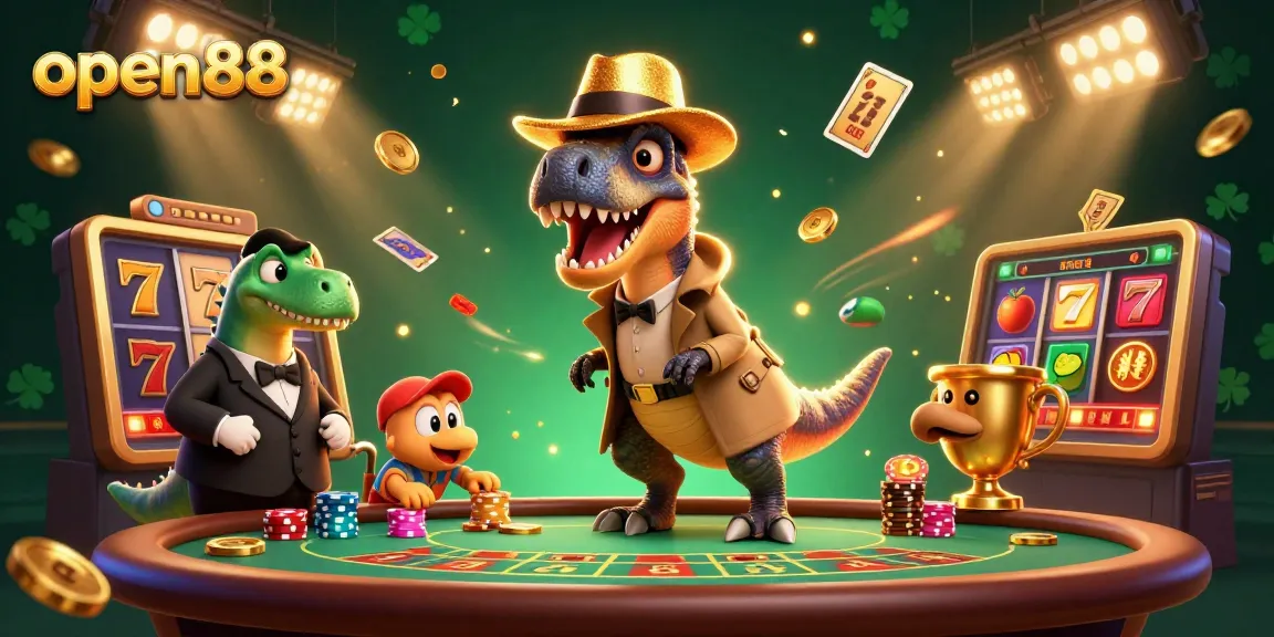 Join the fun at open88 with a flying slot machine, slot reels, and captivating characters at the blackjack table.