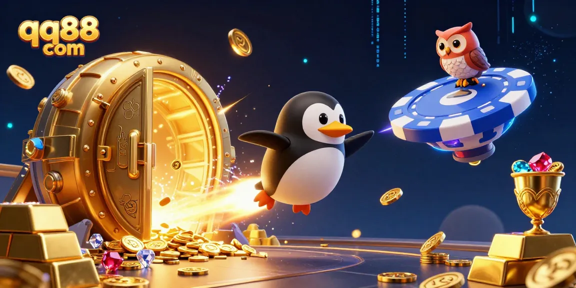 Experience thrilling adventures at qq88 com with a golden penguin soaring through a cosmic casino.