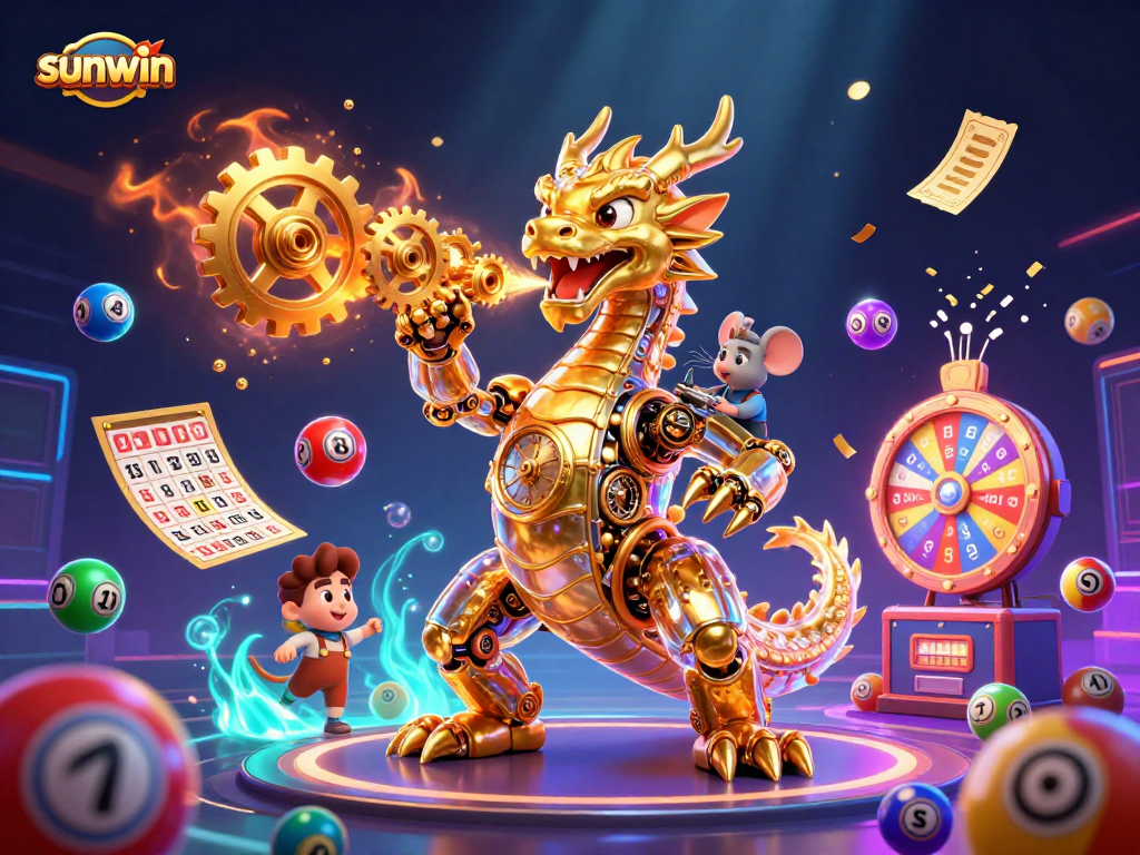 Play exciting games at Sunwin with a golden dragon and vibrant lottery elements in an engaging casino scene.