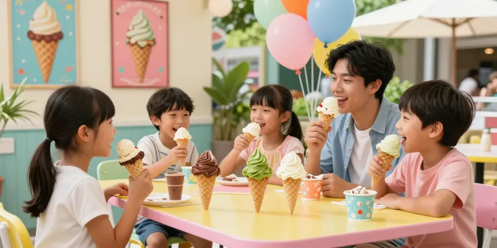 Family enjoying rokok88 ice cream flavors in a vibrant parlor.